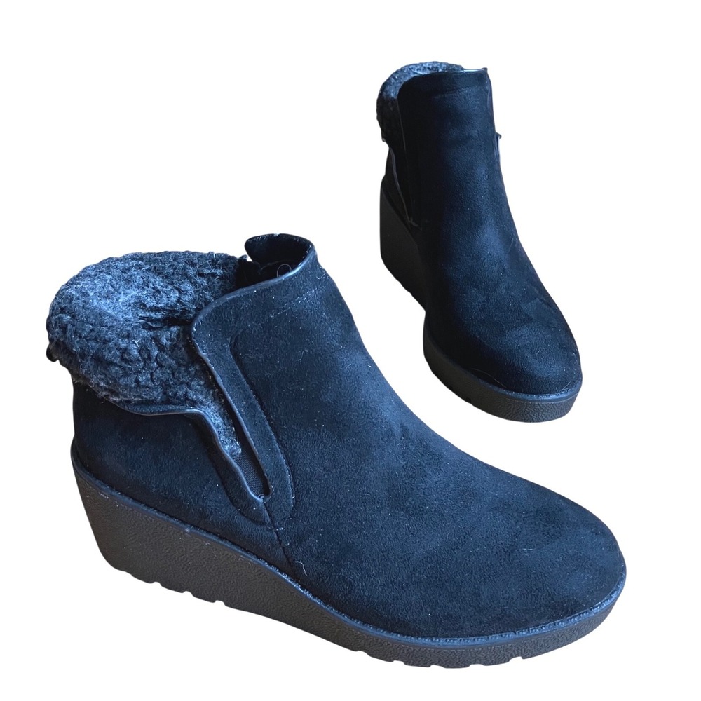 Alexis Bendel Sofia Black Wedge Ankle Boots Faux Fur Trim Size 8